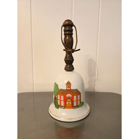 Vintage 70s Porcelain and Wood Hand Bell/Music Box School Days Theme - Picture 1 of 3